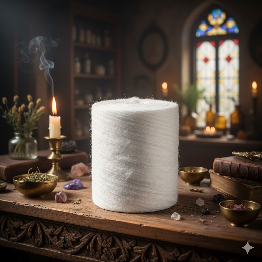 Roll of 100%, white cotton on a table with candles sold at Botanica Aragba Yomilo