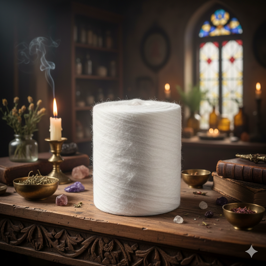 Roll of 100%, white cotton on a table with candles sold at Botanica Aragba Yomilo