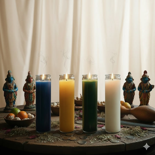 colorful candles and statues in a mystical setting sold at Botanica Aragba Yomilo