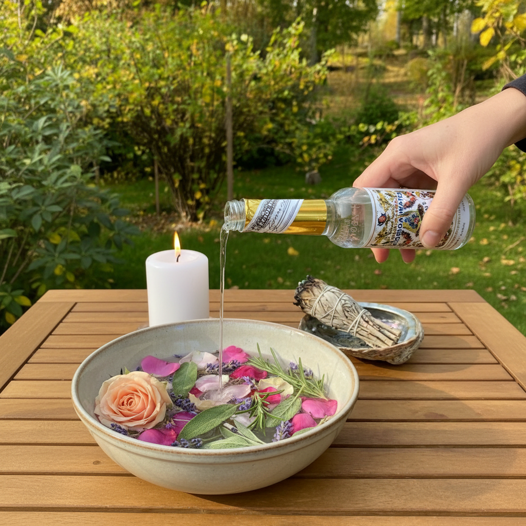 Person pouring a bottle of Florida Water sold at Botanica Aragba Yomilo