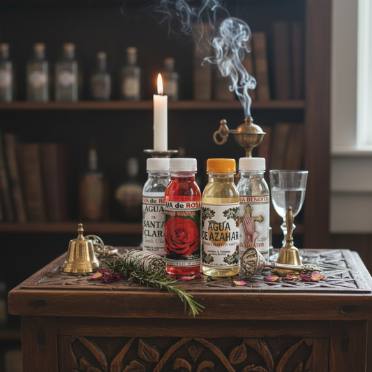 Crusella abd Co 8oz waters on a wooden surface with a candle and smoking incense sold at Botanica Aragba Yomilo