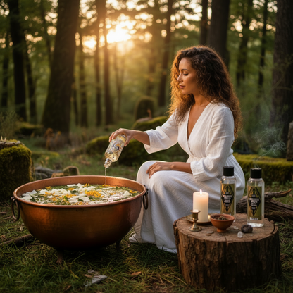 Woman in a white dress sitting in a forest, surrounded by bottles and a fire pit.