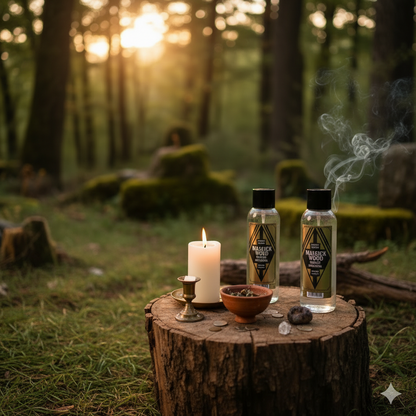 Woman in a white dress sitting in a forest, surrounded by bottles and a fire pit.