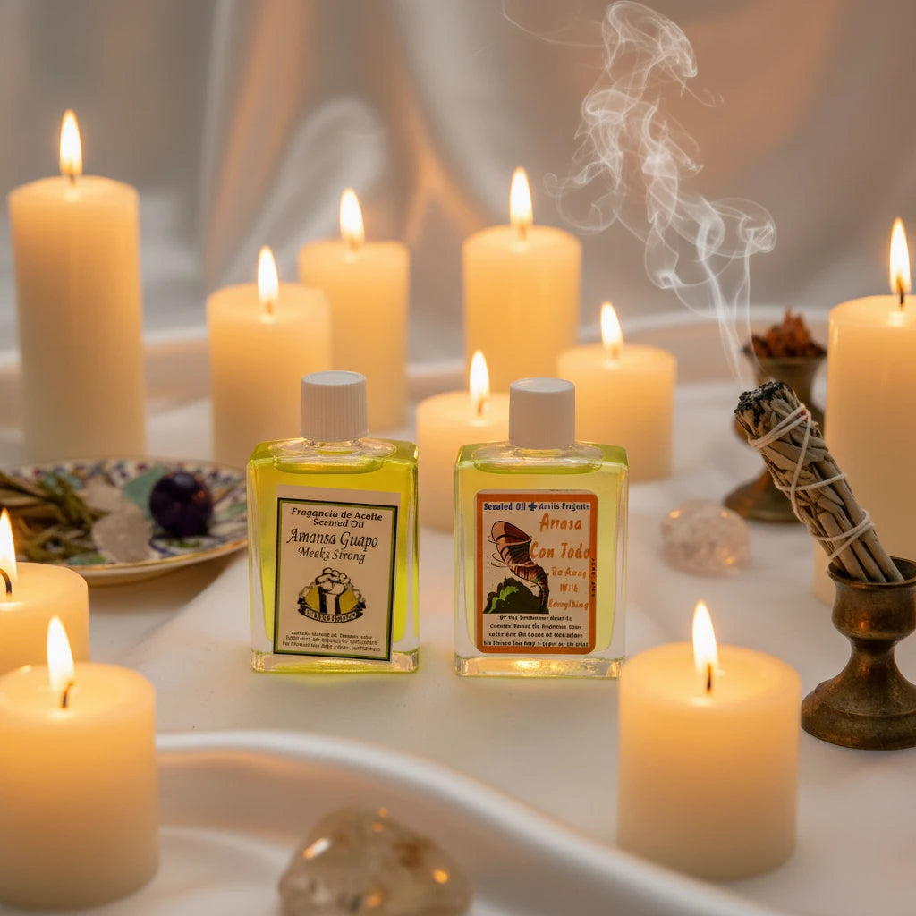 Two small bottles of Arasa intention oils sold at Botanica Aragba Yomilo