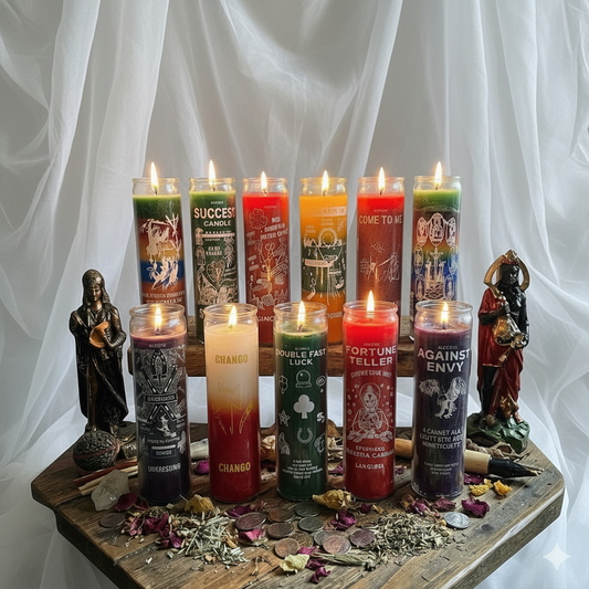 Orisha screened candles on a wooden table with a mystical background sold online and at Botanica Aragba Yomilo in Brandon