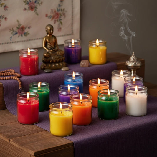 Various 3 inch glass candles on an altar available at Botanica Aragba Yomilo