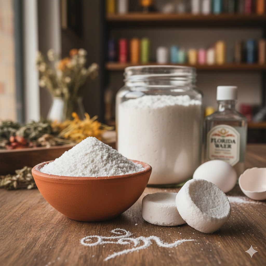 Bowl of cascarilla  powder on a wooden table sold at Botanica Aragba Yomilo