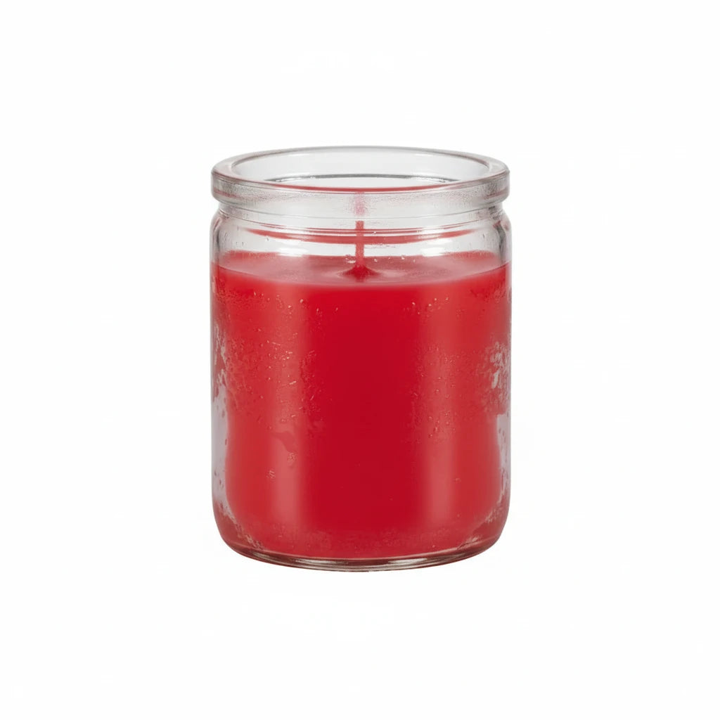 red 3 inch glass candle sold at Botanica Aragba Yomilo